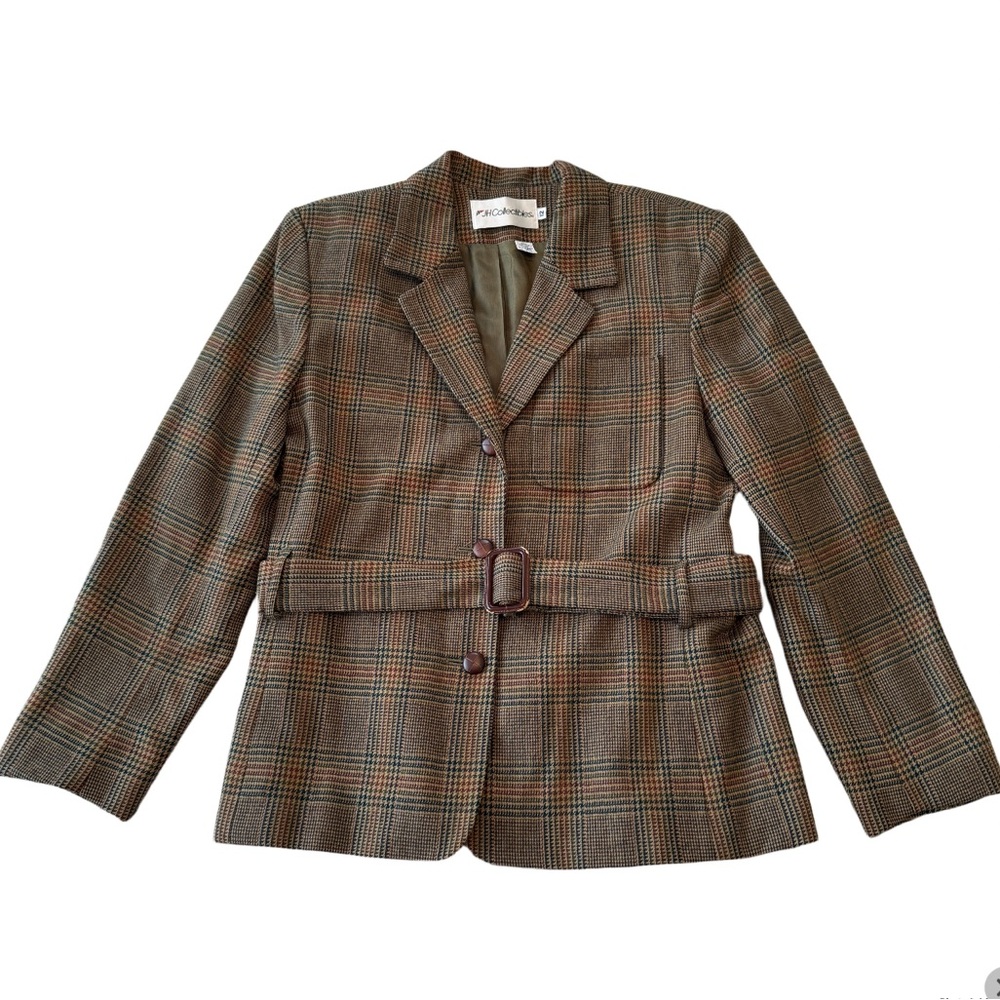JH Collectibles Houndstooth Belted Blazer Pure Wool Blazer Red Brown Tan Sz 12